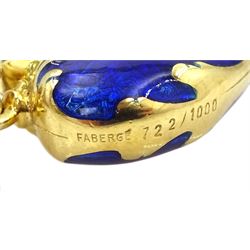 Victor Mayer for Faberge 18ct gold blue enamel heart shaped pendant, with applied gold four leaf clover decoration, limited edition No. 722/1000, on silver-gilt chain necklace, boxed