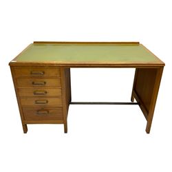 Mid-20th centre oak desk, fitted with single five drawer pedestal, inset writing surface