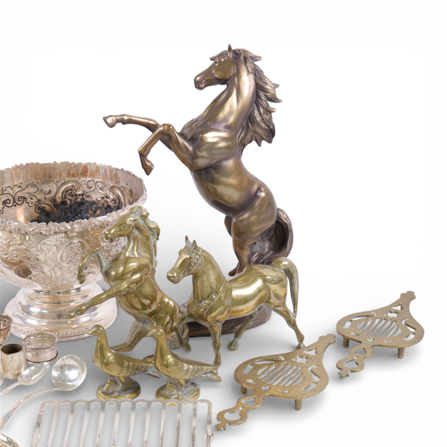 Silver plate footed bowl, together with salvers, brass animals and other metal ware 