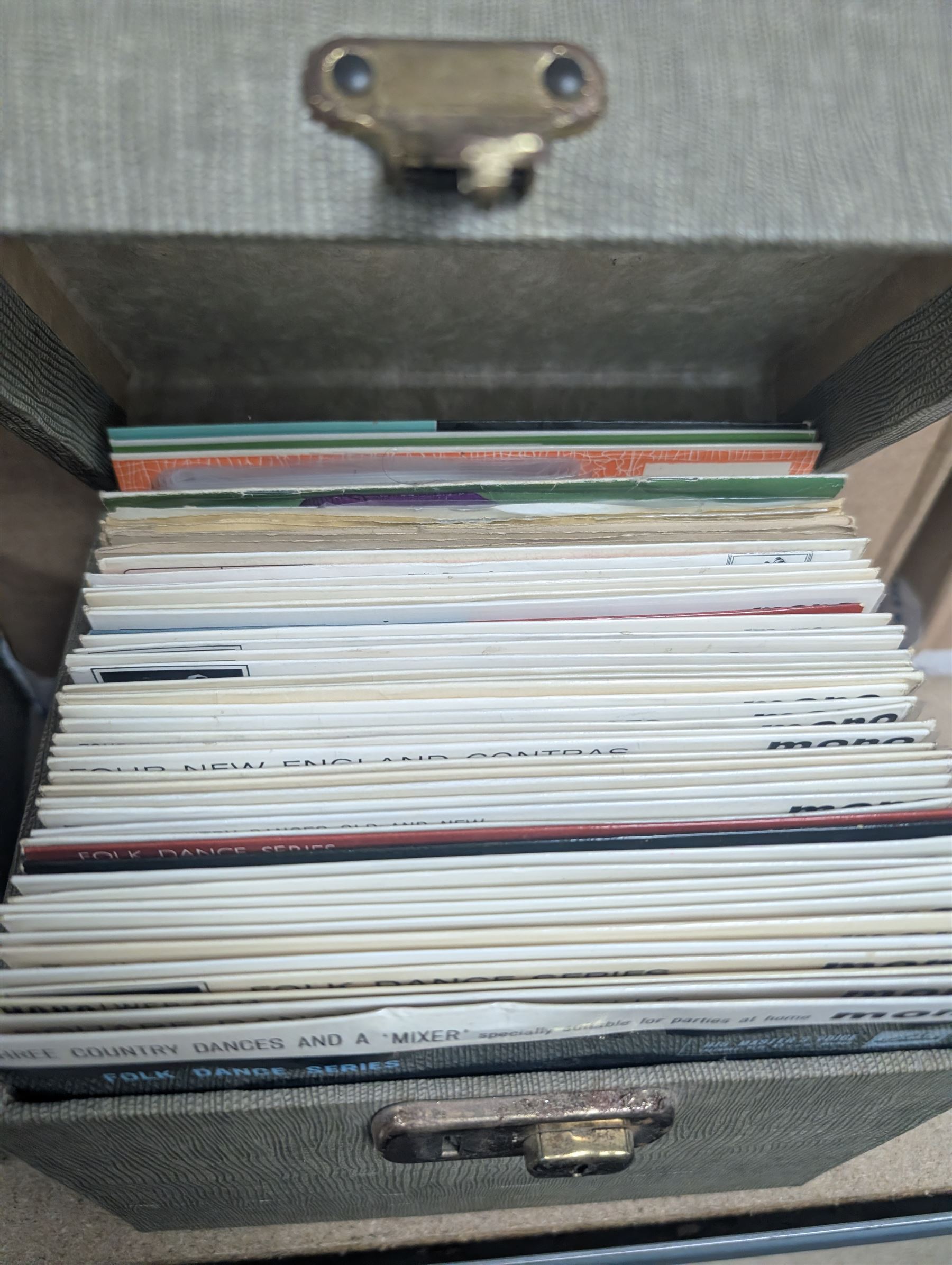 Large collection of vinyl LPs, together with a small collection of 7 inch vinyl records and CDs, with a Dansette record player and a small Hi-Fi cabinet