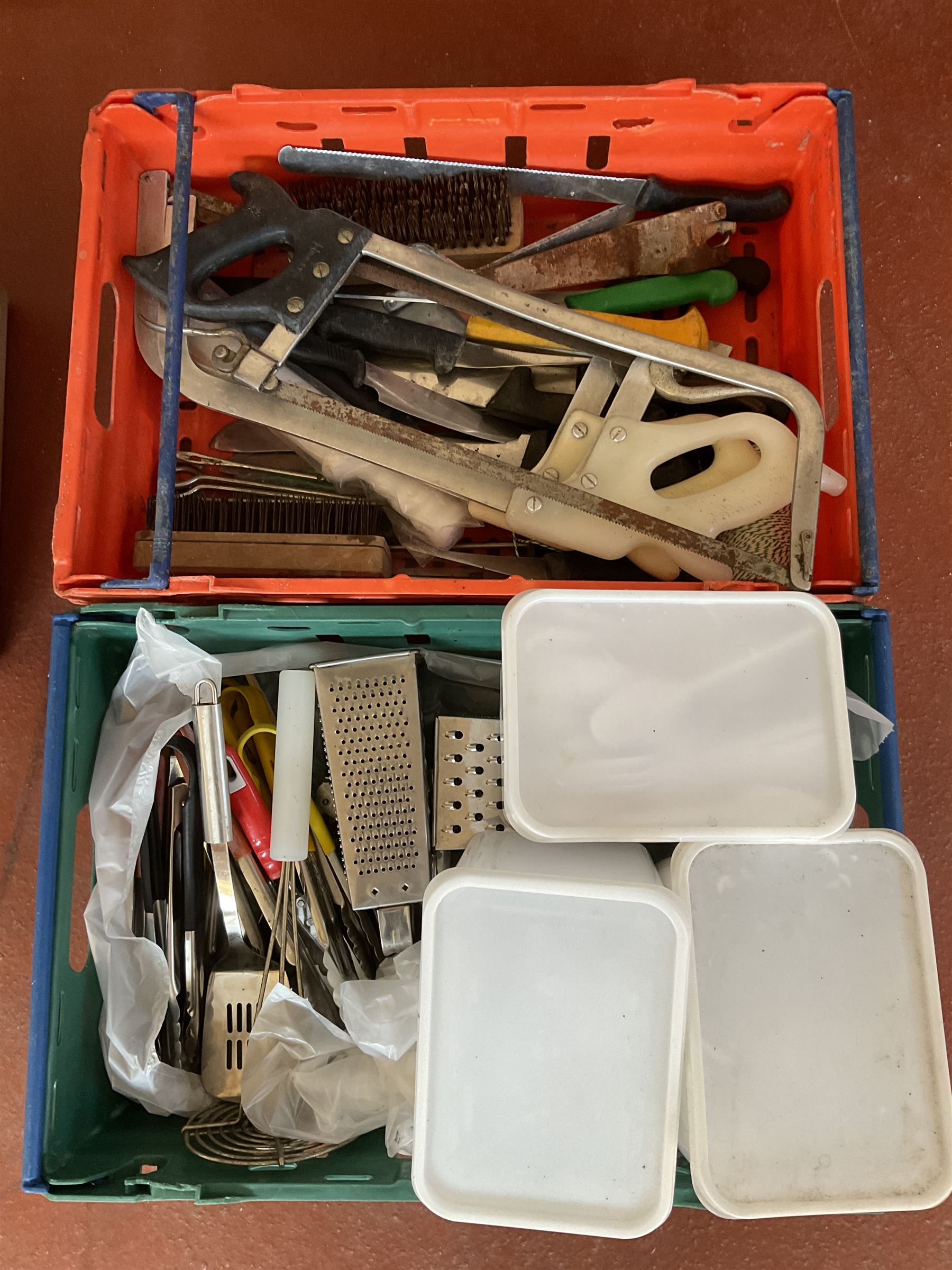 Meat saws, knives and other cooking utensils in two trays - THIS LOT IS TO BE COLLECTED BY APPOINTMENT FROM DUGGLEBY STORAGE, GREAT HILL, EASTFIELD, SCARBOROUGH, YO11 3TX