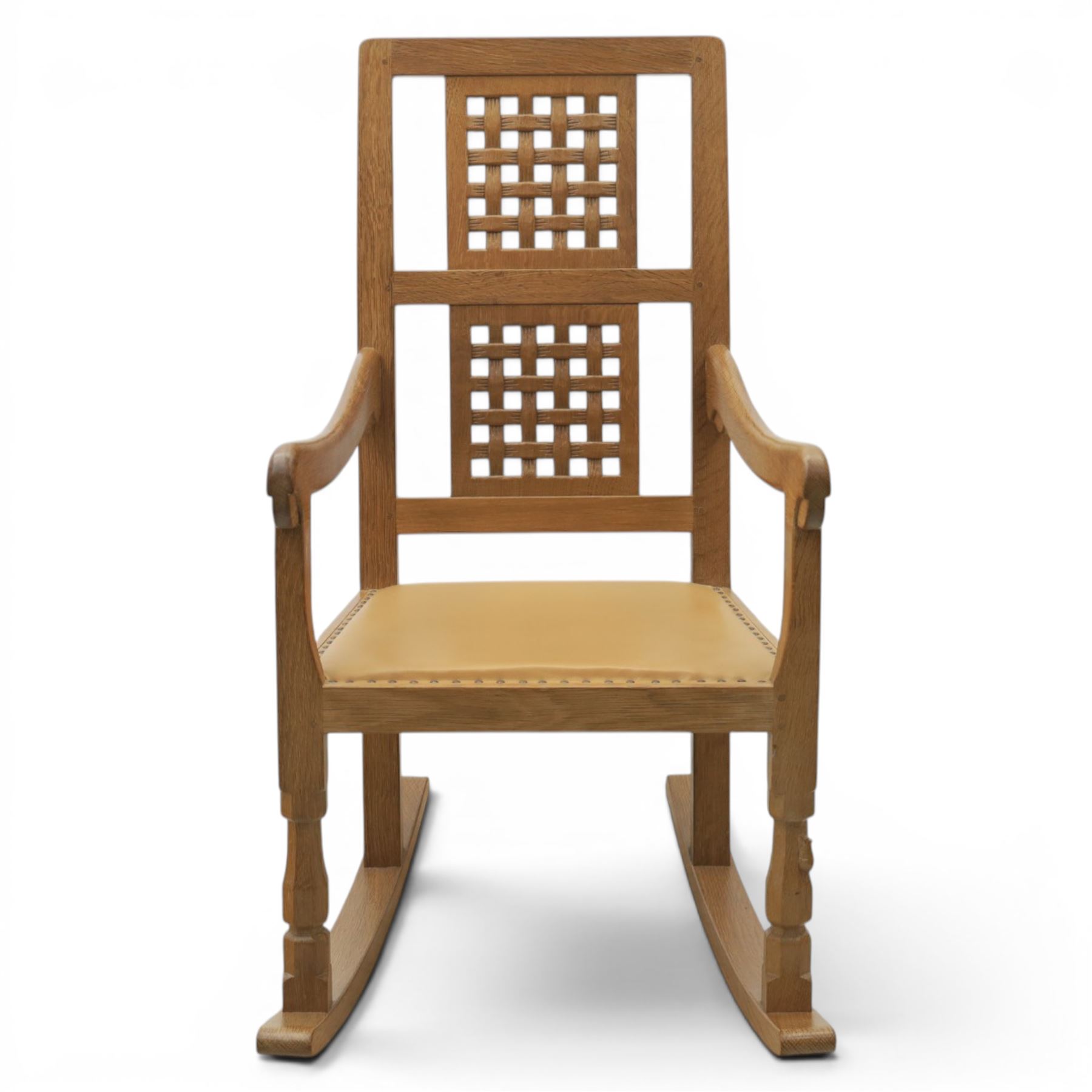 Mouseman - oak rocking chair, high lattice back, carved Mouse signature, by Robert Thompson's of Kilburn