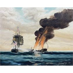 Peter Gerald Baker (British 20th century): American Naval Battle, oil on canvas signed and dated '76, 59cm x 74cm