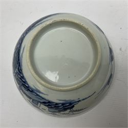 Late 18th century Chinese Export blue and white bowl painted landscape and pagoda scene, D19cm