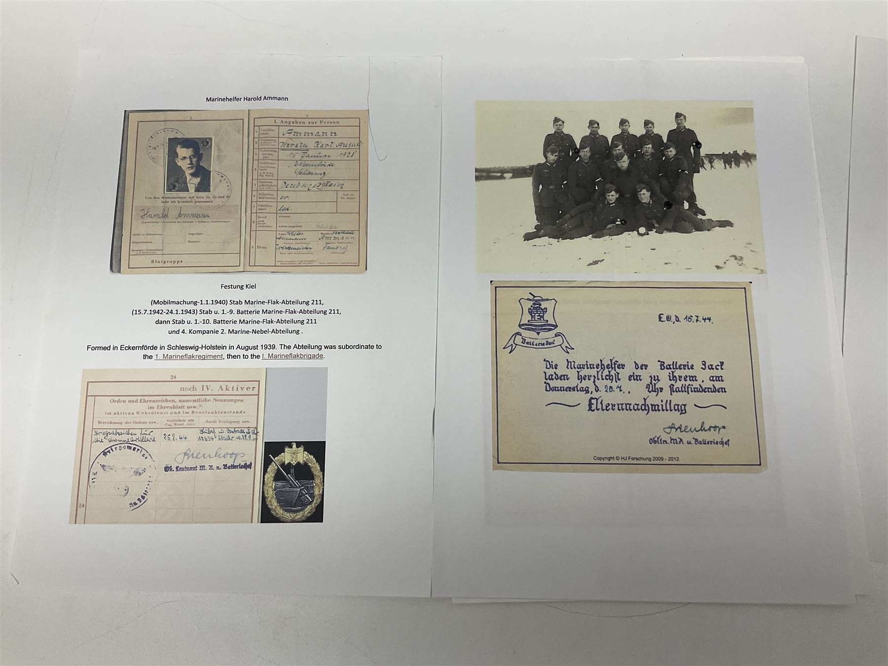 WW2 German Coastal Artillery Wehrpass for Marinehelfer Harald Ammann with small archive of modern research information.
