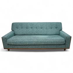 G-Plan Vintage - Contemporary unused Agatha 3 seater sofa, upholstered in G insignia fabric cushion seat and back cushion, rectangular side frame and matching fabric footstool, and additional unused seat cushion