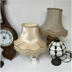 Tiffany style table lamp, together with two other table lamps, cast iron scales and a barometer 