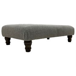 Interiors at Nine to Eleven - traditional rectangular footstool, the padded seat upholstered in neutral grey 'Harris Tweed' fabric, raised on turned feet