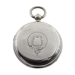 Victorian silver key wound chronograph pocket watch No. 94635, white enamel dial with Roman numerals, outer seconds track numbered 25-300, case by Stewart Dawson & Co, Birmingham 1882