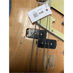 1962 Fender Precision bass guitar; re-finished in natural alder in the 1970s; impressed date code 5NOV62C to end of neck and serial no.90537 to back plate; L115.5cm; in replacement hard carrying case