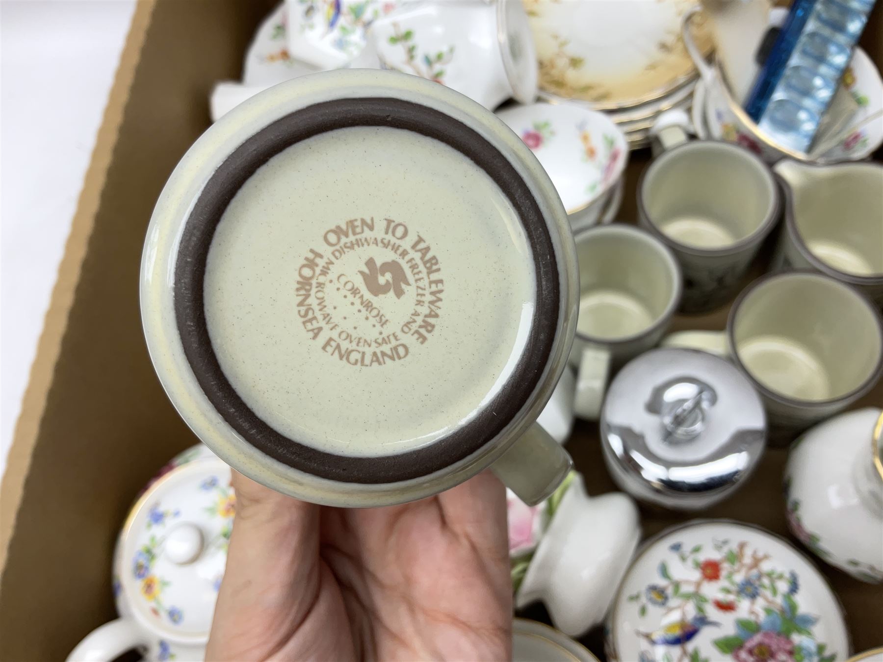 Stone pamchen, together with Hornsea cornrose coffee cans and saucers, Aynsley Pembroke vases, and trinket dishes, Royal Worcester egg coddler etc, in two boxes 