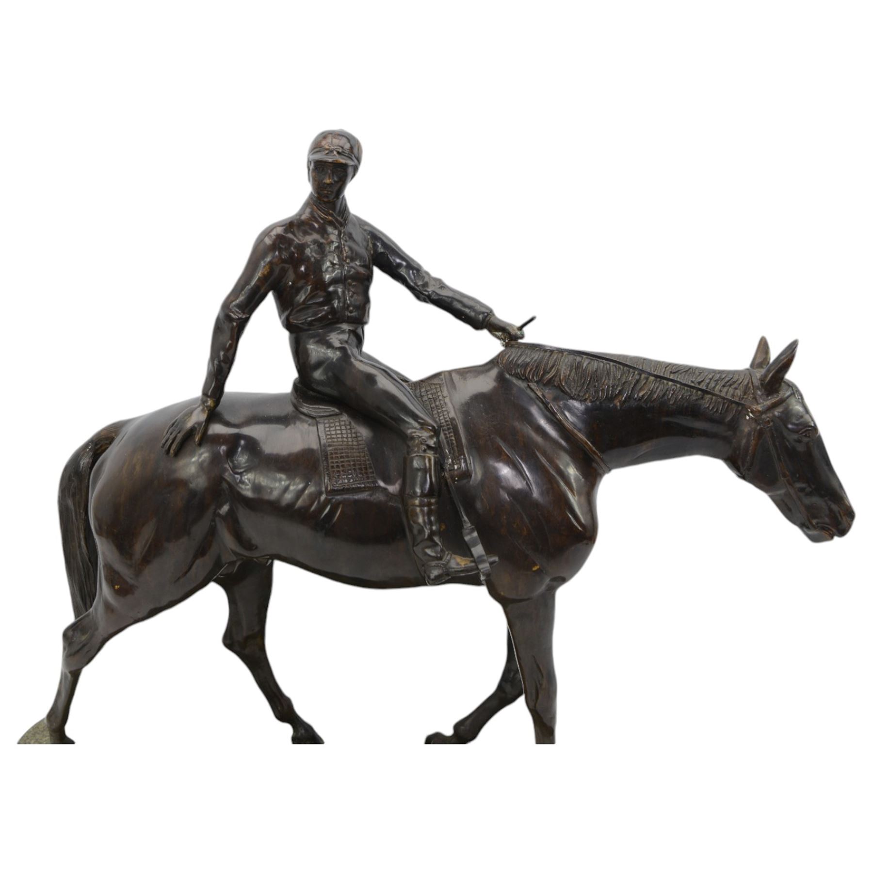 After Isidore Jules Bonheur (1827-1901): Large bronze equestrian group of Racehorse and Jockey on shaped naturalistic base, 57cm x 67cm 
