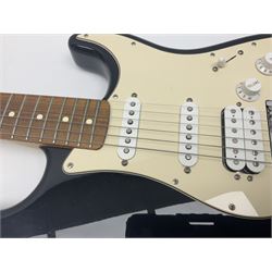 Mexican Fender Stratocaster electric guitar in black c2003 with Floyd Rose tremolo system, serial no.MZ3129600; L98cm; in Freestyle fitted case with 2006 Diamond Anniversary booklet