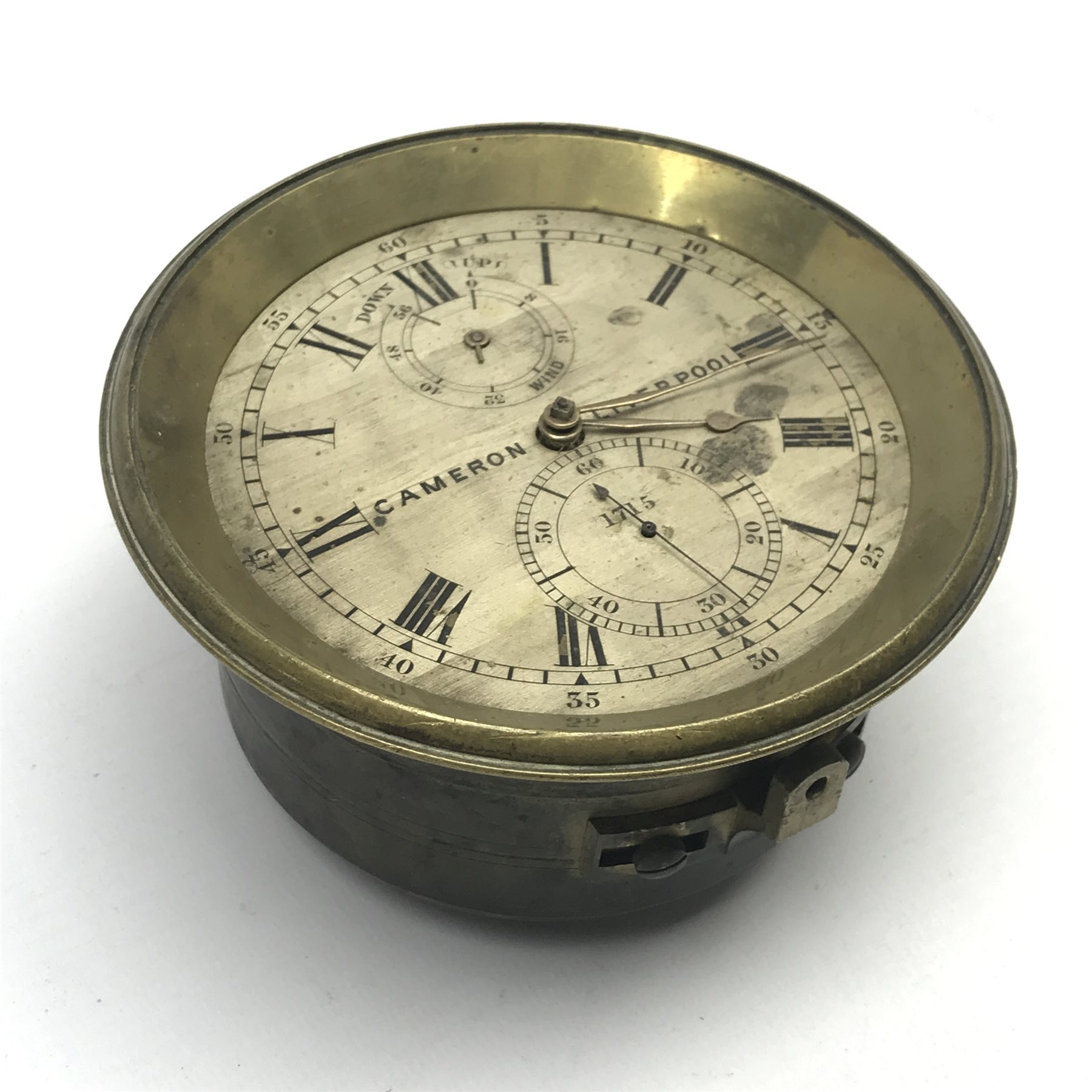 Mid 19th century marine chronometer by 'Cameron, Liverpool', silvered Roman dial, serial no. '1715', four pillar chain fusee movement with detent escapement, engine turned movement plates, dial diameter - 10cm, total diameter - 12.5cm