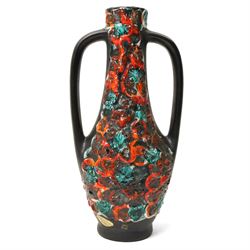 Mid-century twin-handled fat lava vase, H45cm 