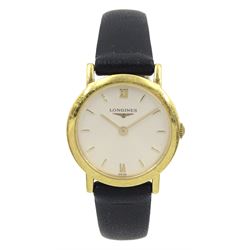 Longines ladies 18ct gold quartz wristwatch L 120 6, Swiss hallmark, on black leather strap