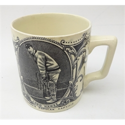  Cricket - Commemorative transfer printed mug for 'Lord Hawke, Yorkshire's Popular Captain' & 'Hon. F.S. Jackson, England's Popular Captain' retailed by W. Ellis Moorcroft of Bramley H10.5cm  