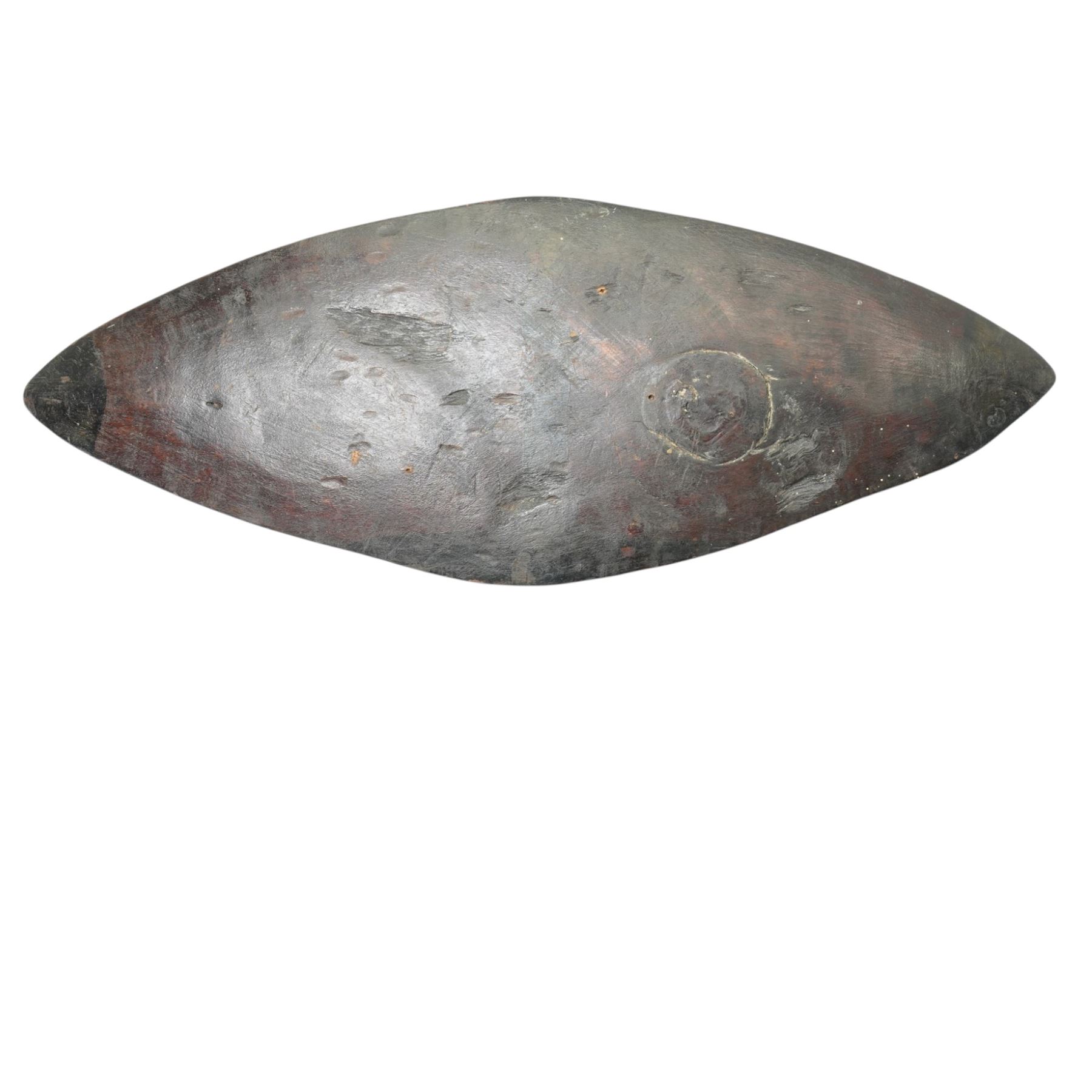 Small Aboriginal shield of navette shape L47cm, Indian powder horn and Victorian officers sword with wire wound shagreen grip and brass hilt, blade length 68cm (3)