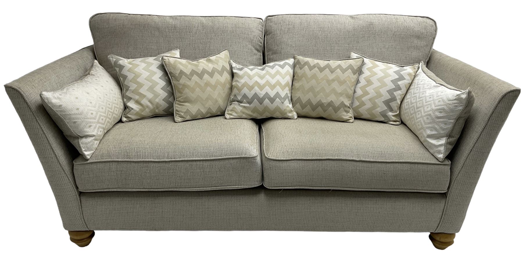 Oak Furnitureland - three-piece lounge suite upholstered in grey fabric, large three-seat sofa (W238cm, D106cm), two-seat sofa (W209cm), and snuggler sofa (W129cm)