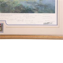 After Michael Turner, (b.1934), D-Day 6th June, 1944, The Official Normandy Veterans Association 60th Anniversary Limited Edition print, signed by the artist and various veterans, including Flying Officer Leslie Valentine, mounted with a miniature medal, framed and glazed 66cm x 80cm