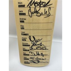 Two signed Yorkshire County cricket bats, from 2013 and 2014 seasons, bearing signatures including Johnny Bairstow, Joe Root, Tim Bresnan, Andrew Gale, etc