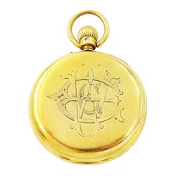 Early 20th century 18ct gold open face keyless lever pocket watch by W. Davis & Sons, Birmingham, No. 2373, white enamel dial with Roman numeral hour markers and subsidiary seconds dial, back case monogrammed with initials, markers mark AS, London 1928