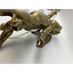 Late 19th century spelter hanging light in the form of a cherub, with two  clear glass shades