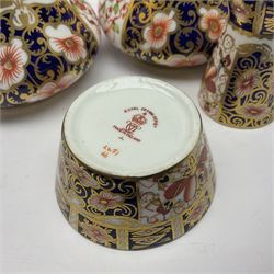 Pair of Royal Crown Derby 6299 imari pattern miniature vases, together with a miniature pitcher and dish in 2451 imari pattern, all with printed marks beneath, vase H12cm 