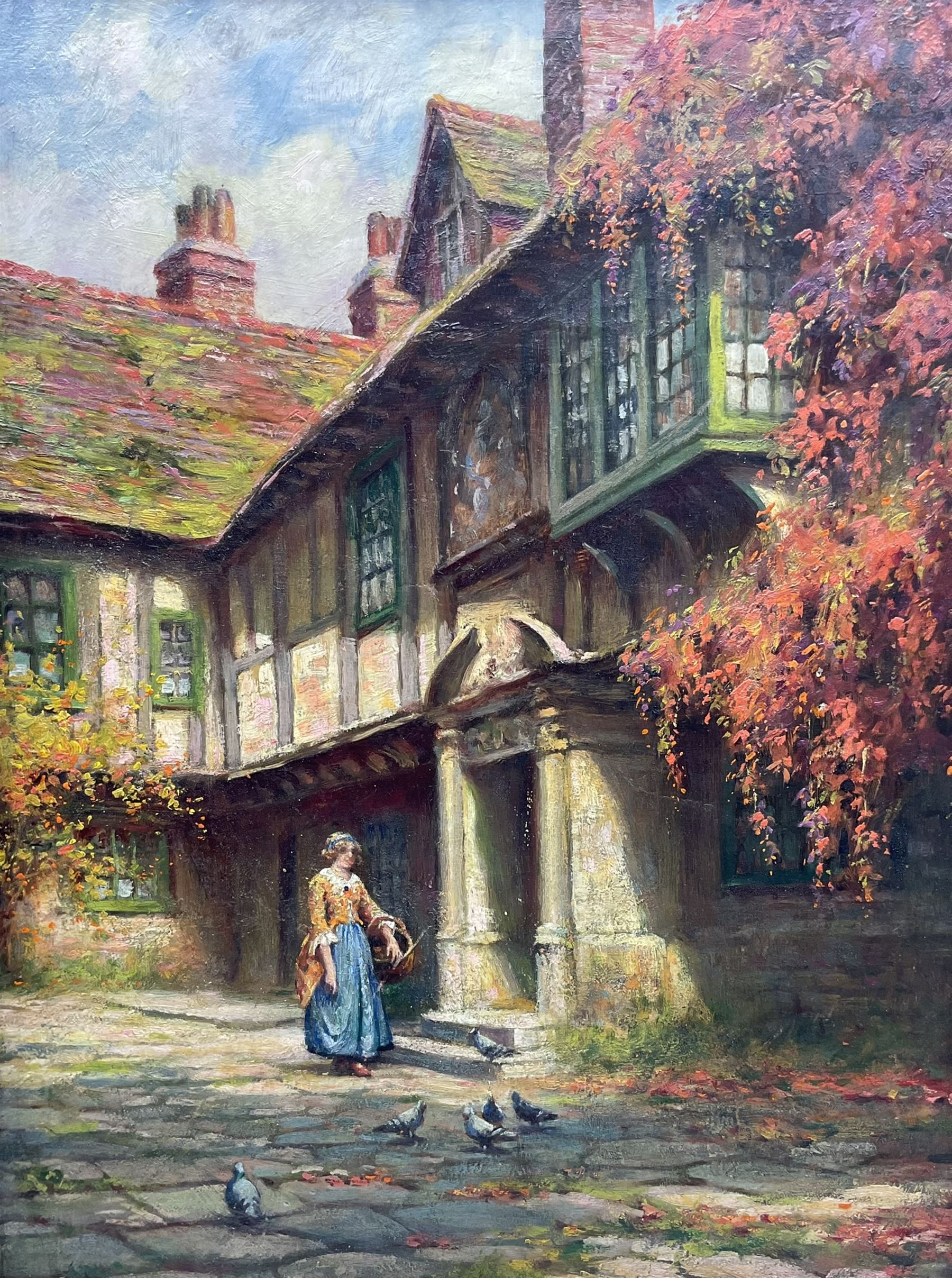 Frank Moss Bennett (British 1874-1952): Lady in a Sunlit Courtyard, oil on board unsigned 52cm x 39cm