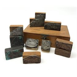 A group of eleven printing blocks, probably early 20th century, detailed with various automobiles and bikes, in unassociated box.   