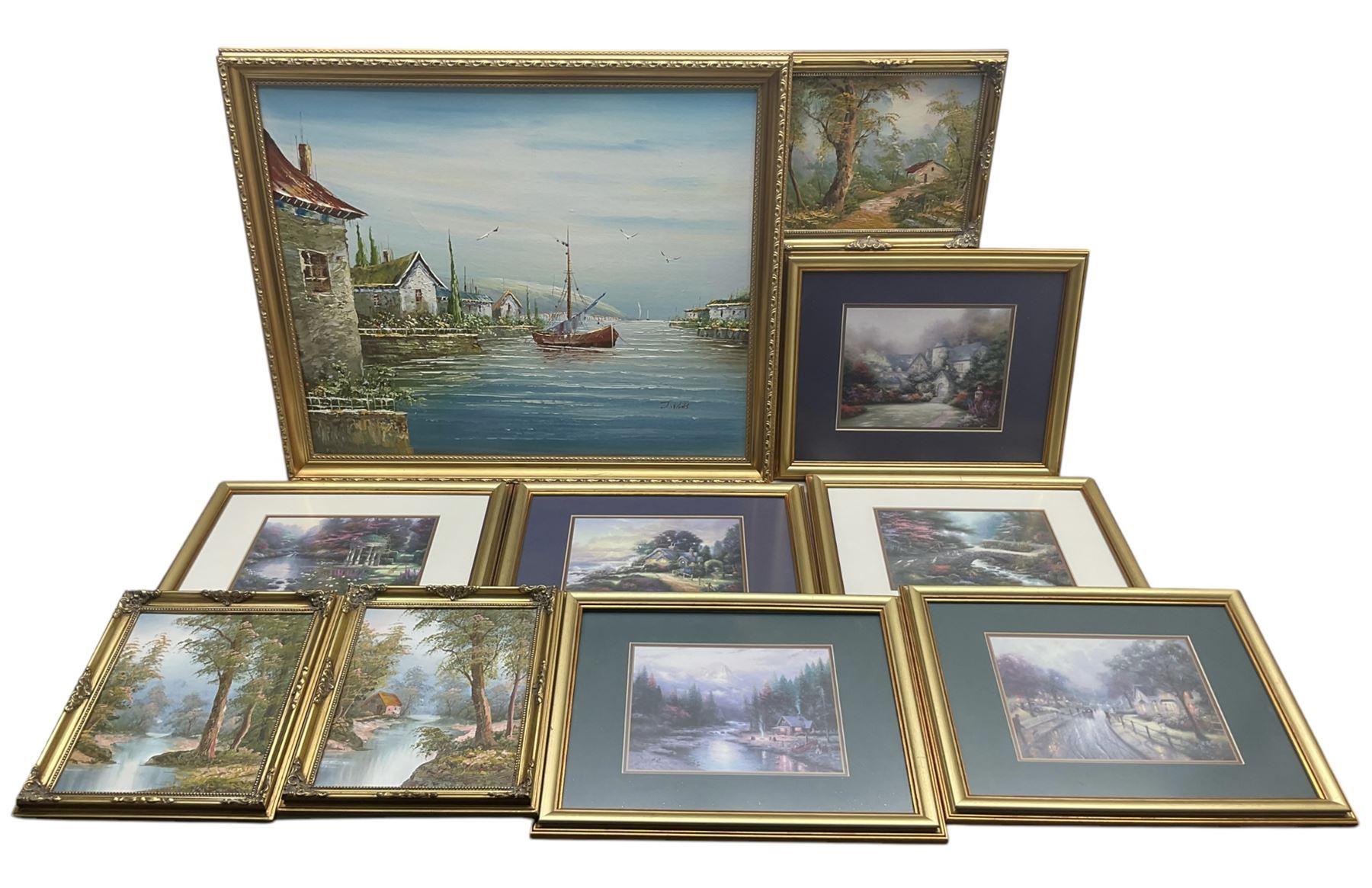 Four Continental oils on canvas, six Thomas Kinkade prints, and Beccafichi reverse glass portrait of a dog with a little red hat (11)