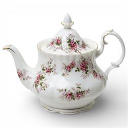 Royal Albert Lavender Rose tea and dinner wares, comprising eight dinner plates, and eight small dinner plates, eight side plates, open serving dish, teapot, open sucrier, salt and pepper, sandwich plate, sauce boat and saucer, eight teacups and saucers, six bowls, six oval serving dishes, and one platter