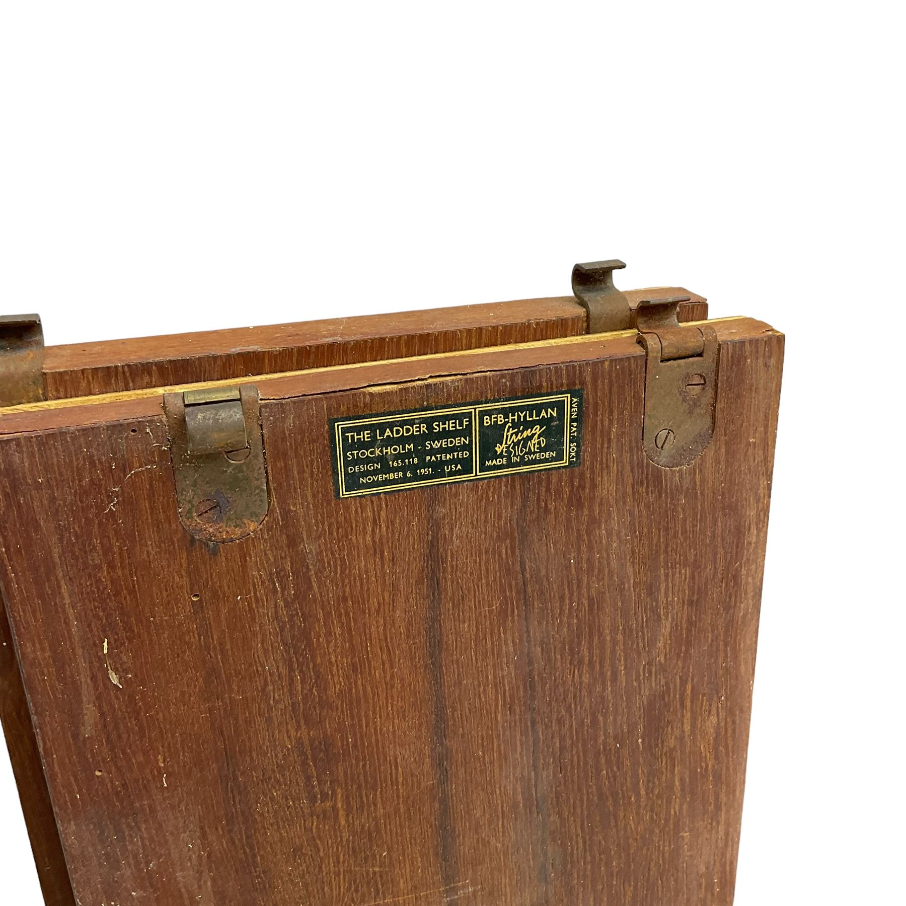 BFB-HYLLAN - collection of 'String' 1950s/60s teak wall shelving - four deep ladders (77cm x 28cm); two narrow ladders (78cm x 18cm); various shelves 