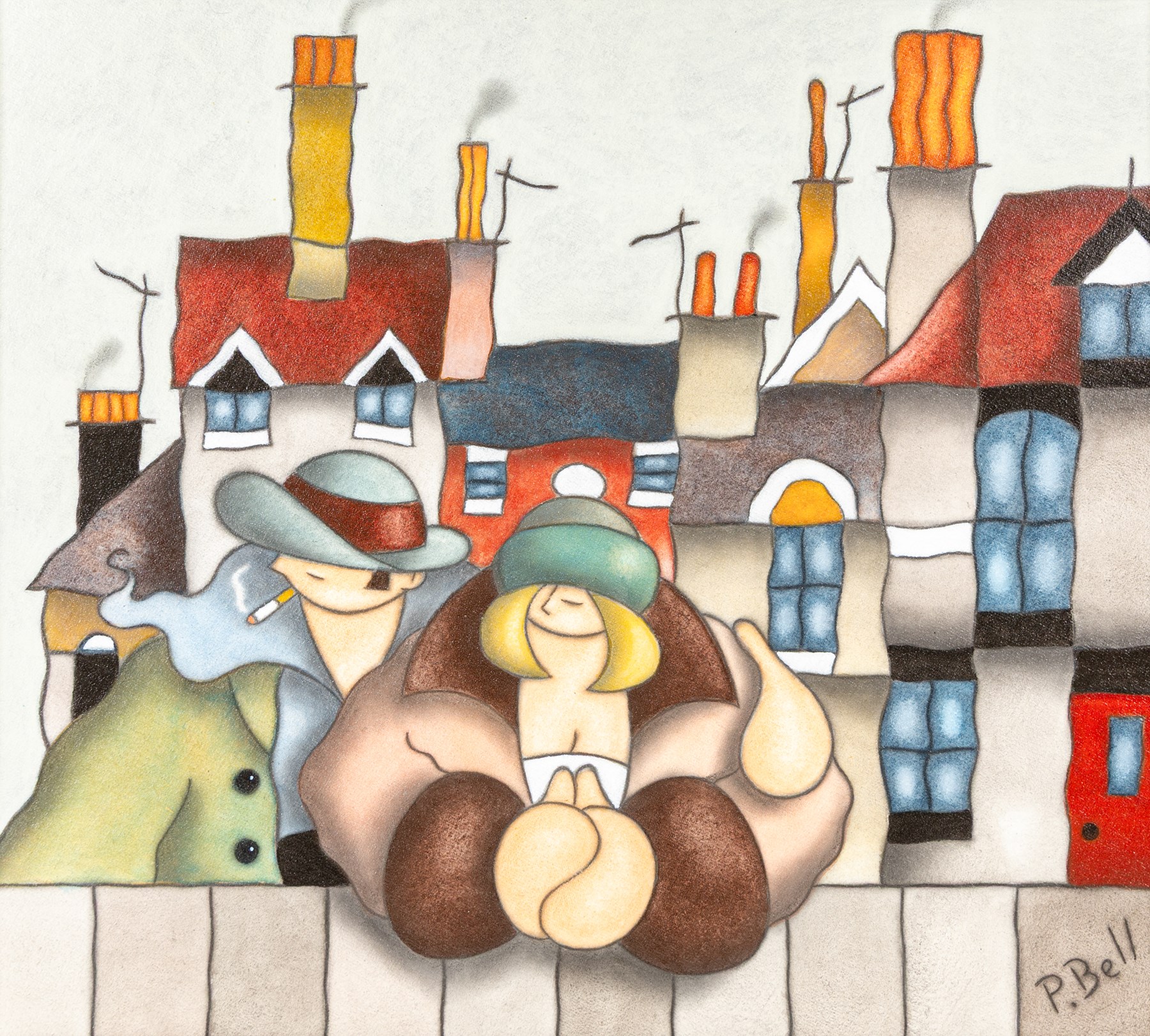 Peter Bell (Hull Contemporary): Couple Leaning Over Garden Fence, oil on canvas board signed 32cm x 35.5cm
