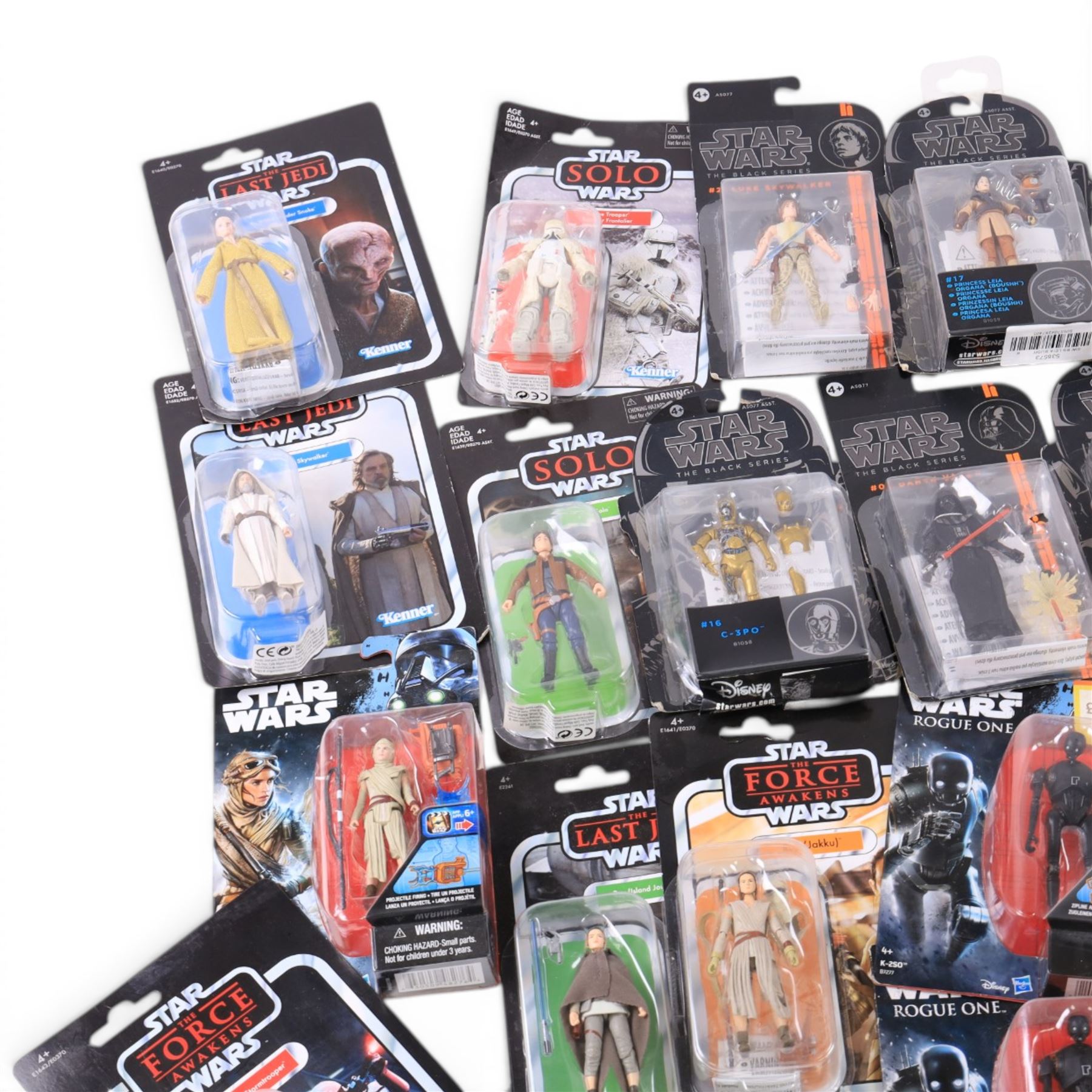 Thirty Star Wars figures, comprising seventeen Hasbro Kenner Solo, The Force Awakens, Rogue One and The Last Jedi examples, four Hasbro Force Link figures Luke Skywalker, Darth Vader, Poe Dameron and C-3P0, Hasbro Kenner Droids Artoo-Detoo R2-D2 figure and eight The Black Series figures #21 Luke Skywalker, #16 C-3P0, #24 Snowtrooper Commander, #06 Darth Vader, #17 Princess Leia, #11 Chewbacca, #09 R2-D2 and #01 Padme Amidala, all carded