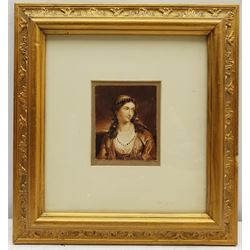 MEH (19th century): Lady with Hairband, miniature sepia watercolour indistinctly signed with initials on the mount 9cm x 7cm