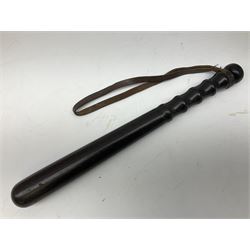 British Transport Police Custodian helmet with Queen's Crown plate; Hiatt & Co ebonised hardwood patrol truncheon; and pair of Hiatts 1960 hand-cuffs (3)