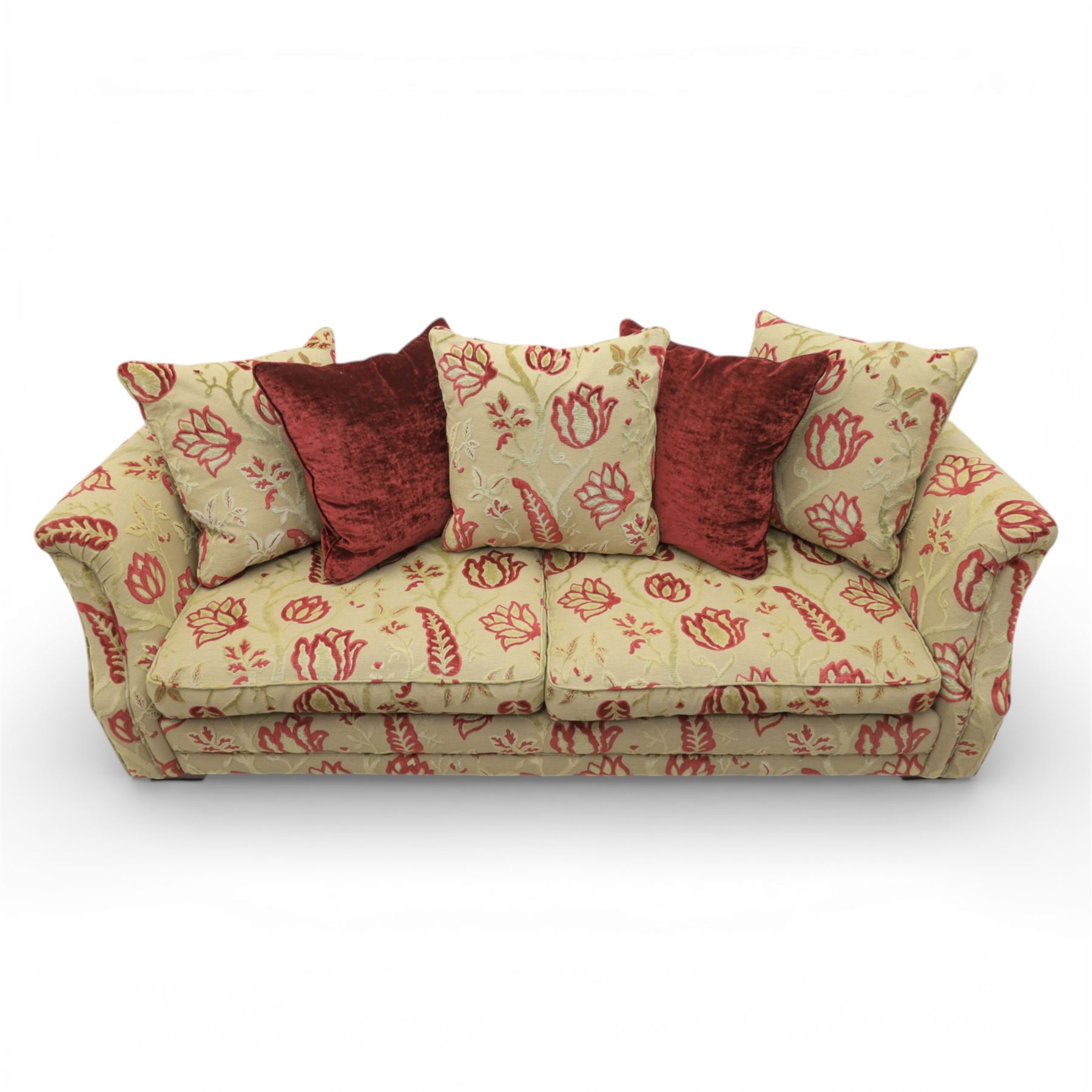 Alstons - traditional design three seat sofa, loose feather cushions, upholstered in red and gold '5911' fabric