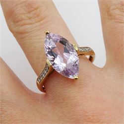 9ct gold marquise cut amethyst ring, with diamond set shoulders, hallmarked