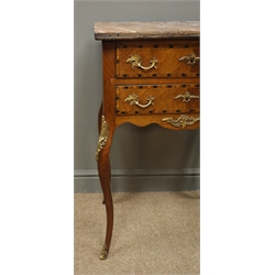 Small French style inlaid walnut bedside/lamp table, marble top, two drawers, cabriole legs, W51cm, H78cm, D35cm  