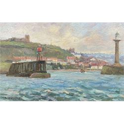 Michelle Saunders (British 1963-): 'Entering Whitby', oil on board signed, titled verso 19cm x 29cm