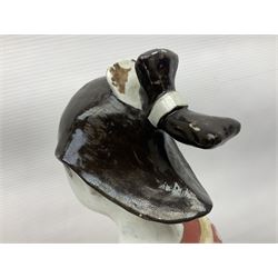 Large Japanese Imari porcelain figure, modelled as a Bijin, wearing a long kimono decorated with apple blossom and leafy branches on a white ground, with gilt detailing, possibly Edo period, H63cm