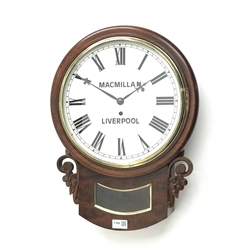  Victorian mahogany circular drop dial wall clock, Roman enamel dial signed 'MacMillan, Liverpool', eight day movement, with floral and scroll carved brackets, single fusee movement, H51cm, with pendulum   