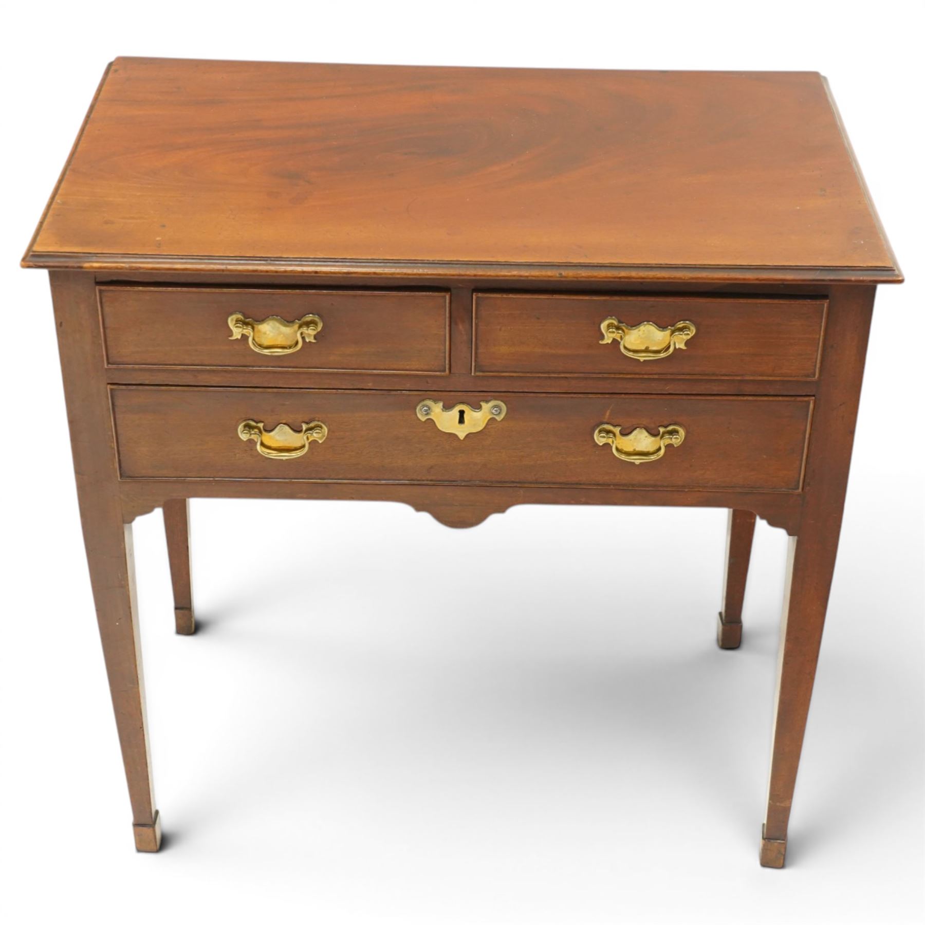 19th century mahogany lowboy, rectangular top with moulded edge over three cockbeaded drawers with brass handle plates, on square tapering supports