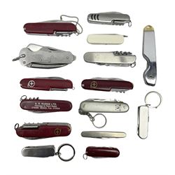 Fifteen folding/pocket knives including Swiss Army type knives with various number of blades, British army jack knife by J.H. Thompson Sheffield dated 1955 with broad arrow, promotional etc (15)