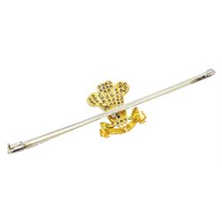 Early 20th century gold and palladium 3rd Dragoon Guards, multi gemstone set brooch, the Prince of Wales crest set with old cut and rose cut diamond ostrich feathers, garnet and ruby coronet and enamelled logo, in silk and velvet lined case by Harrods of London 