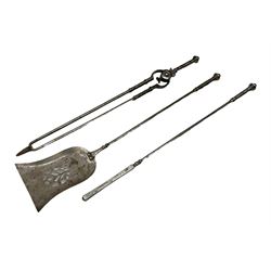 Set of three steel fire tools including tongs, shovel and poker, L75.5cm