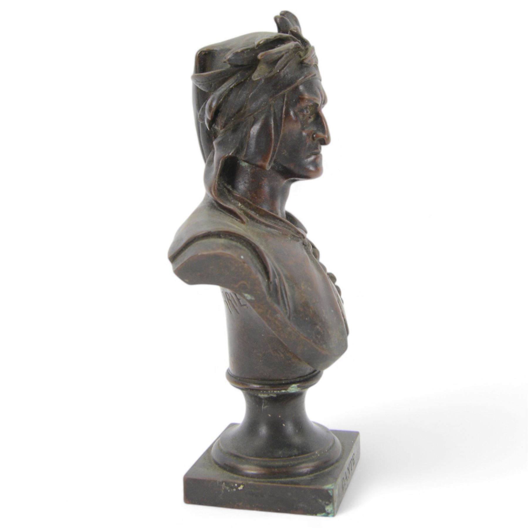 After A. Carrie, bronze bust depicting Dante Aligheri, upon socle and square plinth, signed verso with foundry mark, H22cm