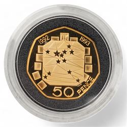 Queen Elizabeth II 1992 - 1993 gold proof dual dated fifty pence coin, cased with certificate