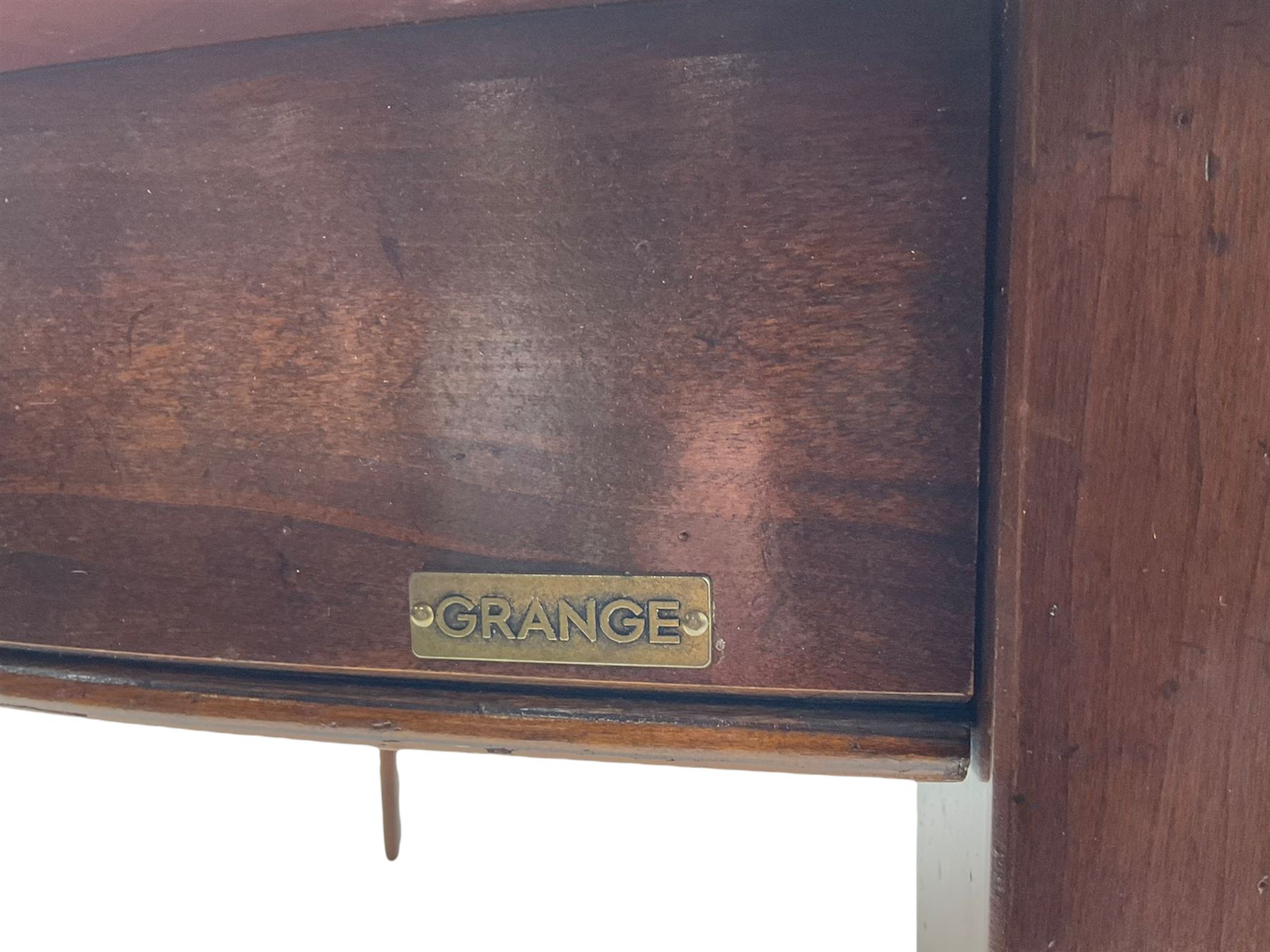 Grange Furniture - cherry wood finish oval extending dining table on square tapering supports, and a set of eight dining chairs with curved backs and upholstered seats 